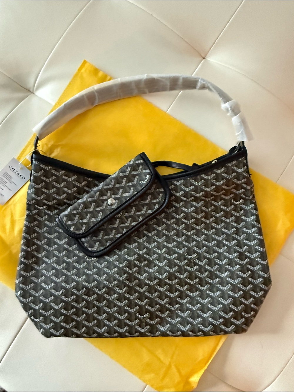 Goyard-Style Black & Gray Patterned Shoulder Bag with Pouch
